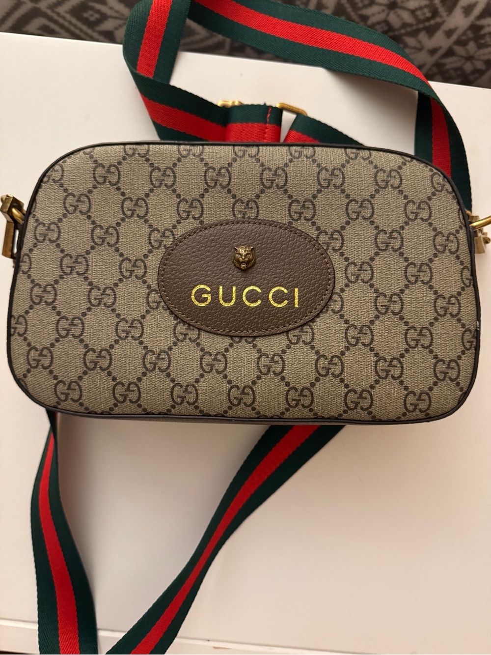 Beige Canvas Crossbody with Red-Green Web Strap